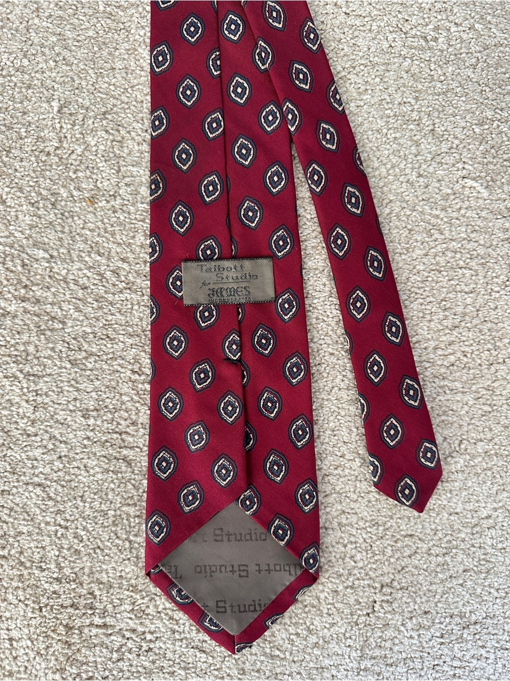 Talbott Studio Vintage 100% Silk Tie Burgundy Geometric Foulard 57” Hand Sewn